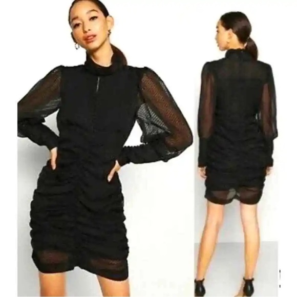 HOUSE OF HARLOW 1960 High Neck Metallic Black Ruched Bodycon Cocktail Dress Sz 4 - Picture 16 of 16